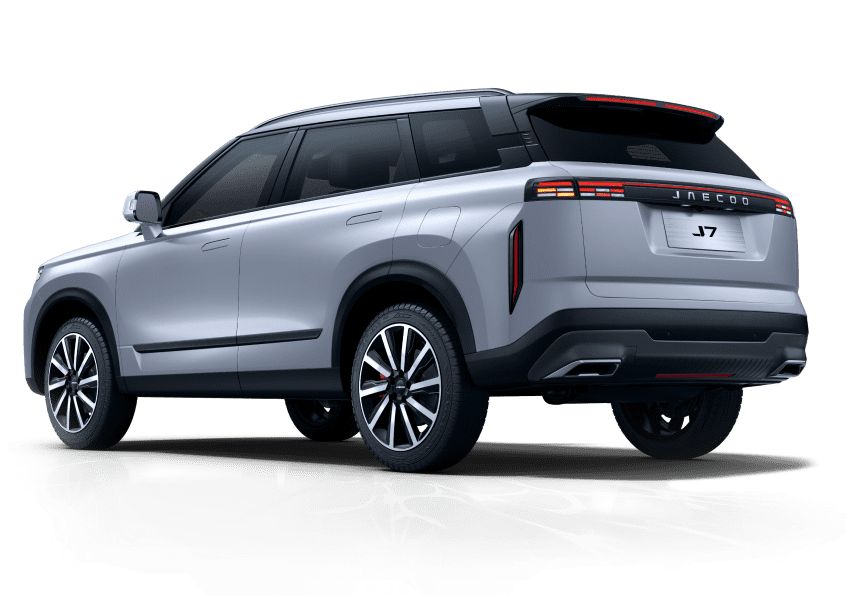 A silver JAECOO premium off road SUV is shown from a rear three-quarter angle, highlighting its modern design and sleek lines. The vehicle, identified as the JAECOO J7 luxury SUV, proudly displays the JAECOO logo on the rear.