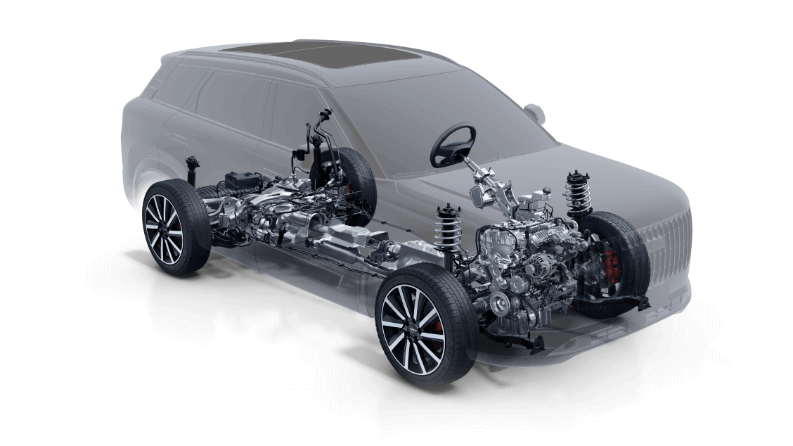 A semi-transparent rendering of the new premium off-road SUV showcases its internal components, including the engine, drive shaft, suspension, and exhaust system. Experience JAECOO's premium off-road performance in this detailed visualization.