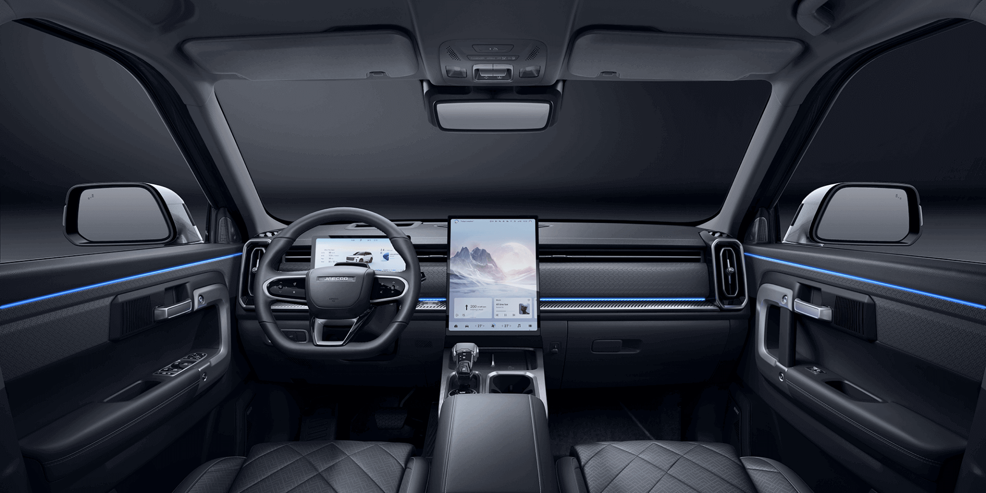 Interior view of the new premium off-road SUV, showcasing a modern dashboard with a digital screen, steering wheel, center console with another touchscreen display, quilted seats, and ambient blue lighting accents designed for JAECOO premium off-road performance.